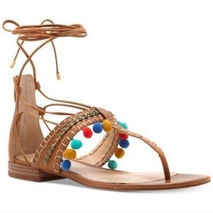Vince Camuto Women Balisa Pom Pom Zip Gladiator Lace Up Sandals Flats shoes 10M